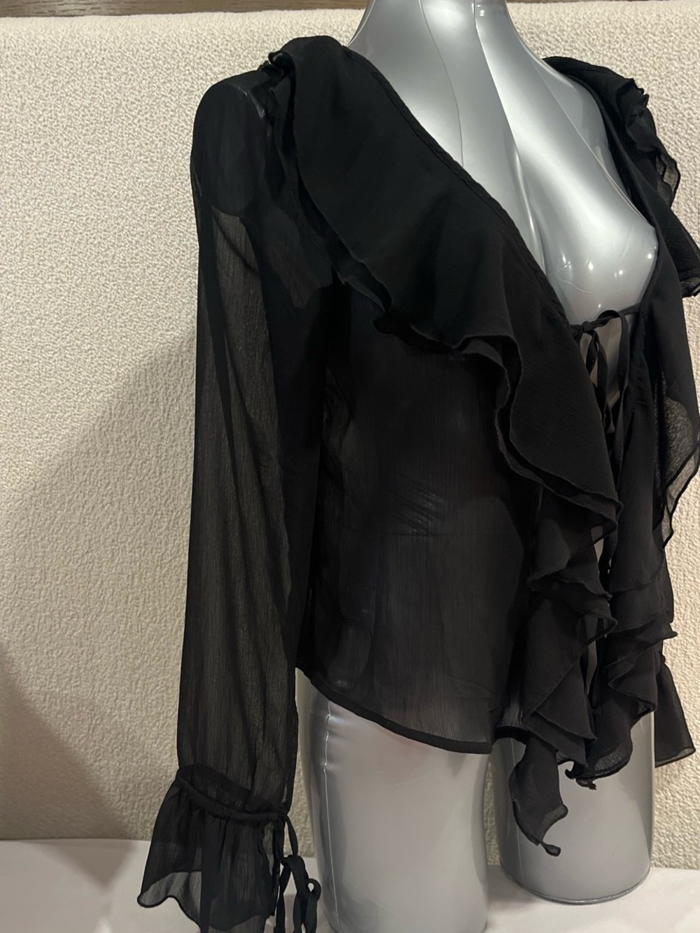 Altar'd State Black Sheer Ruffle Tie-Front Blouse - Picture 2 of 5